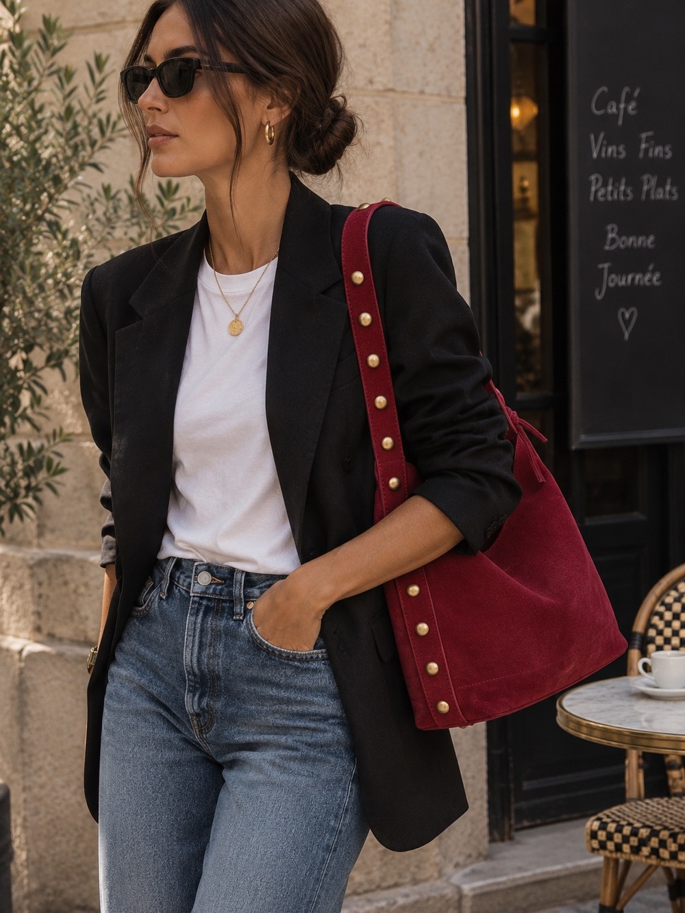 NWT | Genuine Leather Raspberry Suede Studded Shoulder Hobo Bag
